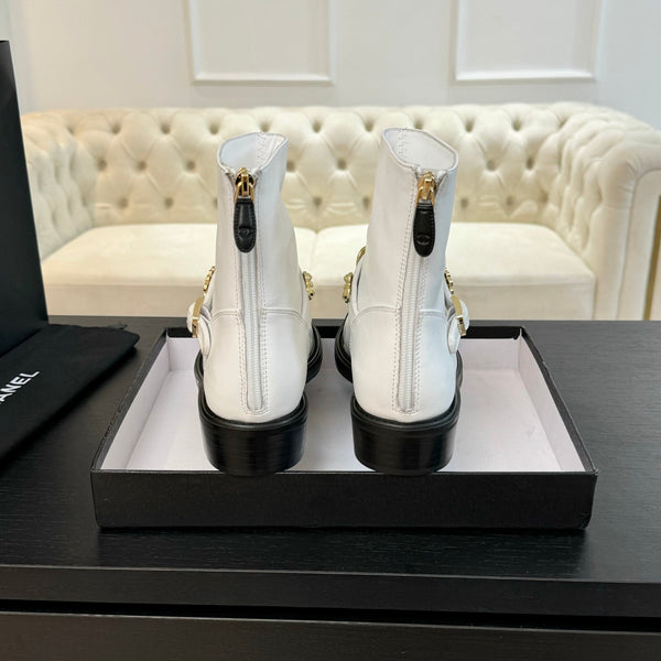 CC Short boots White Cowhide Mix Fabric Denim