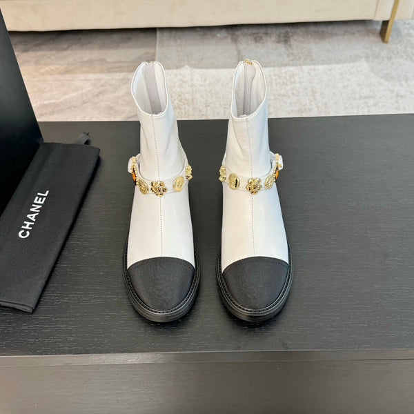 CC Short boots White Cowhide Mix Fabric Denim