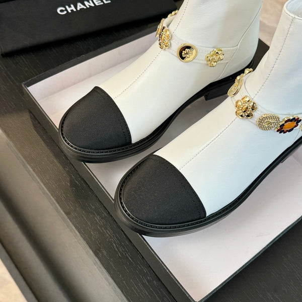 CC Short boots White Cowhide Mix Fabric Denim