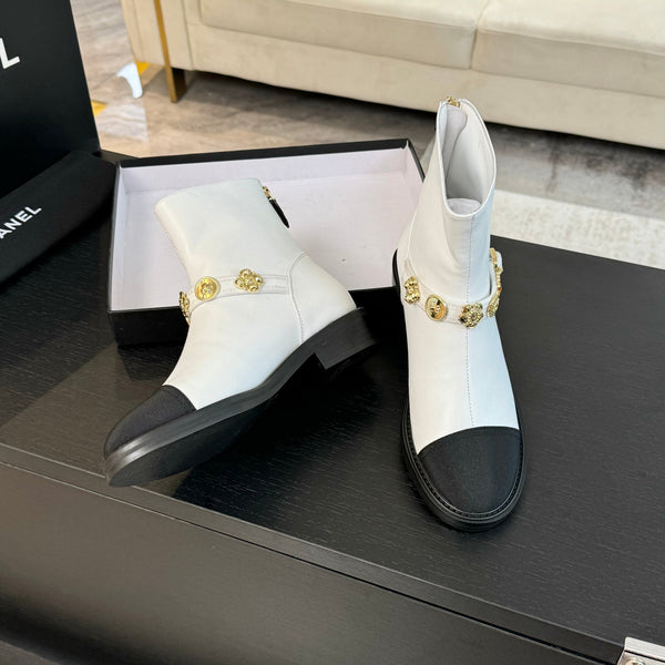 CC Short boots White Cowhide Mix Fabric Denim