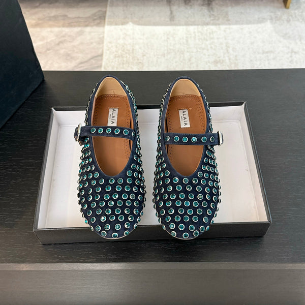 Alaia Strass Ballet Flats In Deep Blue Suede Stone 935185