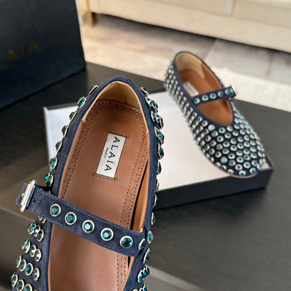 Alaia Strass Ballet Flats In Deep Blue Suede Stone 935185
