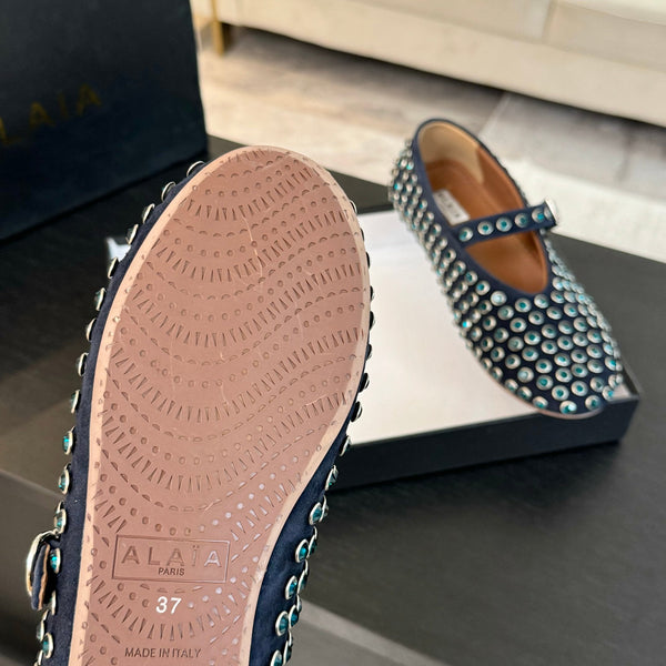 Alaia Strass Ballet Flats In Deep Blue Suede Stone 935185