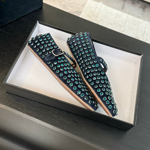 Alaia Strass Ballet Flats In Deep Blue Suede Stone 935185