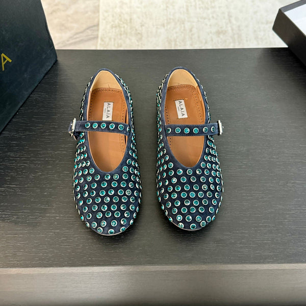 Alaia Strass Ballet Flats In Deep Blue Suede Stone 935185
