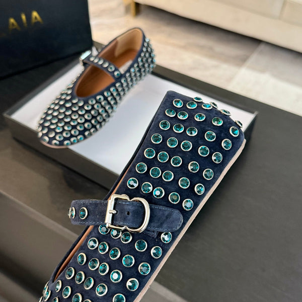 Alaia Strass Ballet Flats In Deep Blue Suede Stone 935185