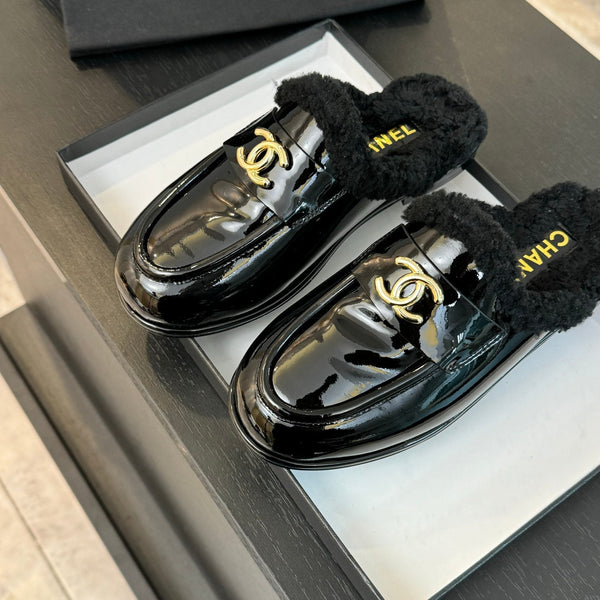 CC Mule Black Patent Calfskin Lamb Wool