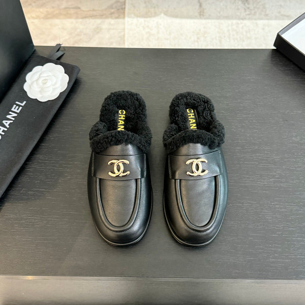 CC Mule Black Calfskin Lamb Wool