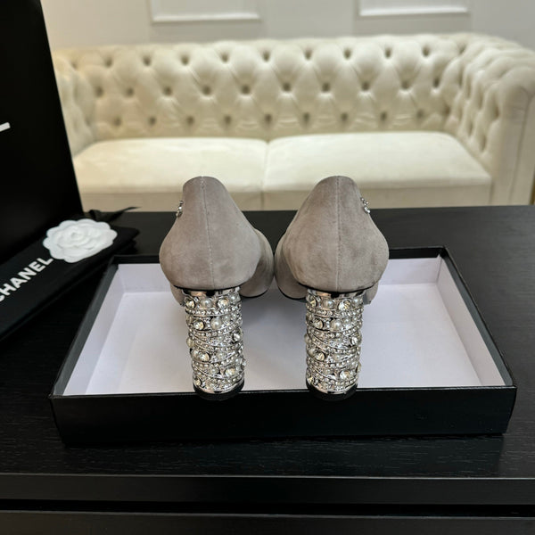 SANDALI CON TACCO ALTO 85 MM IN CAMOSCIO GRIGIO CHIARO E TESSUTO NERO