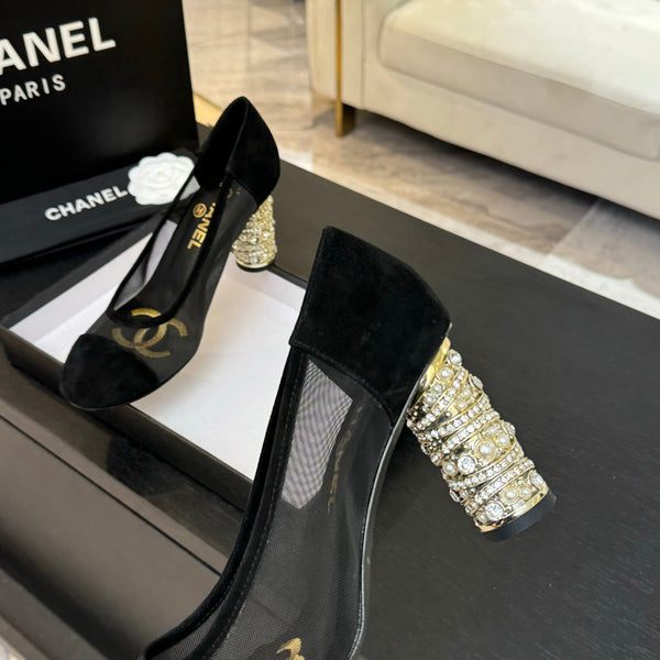 SANDALI CON TACCO ALTO 85 MM IN CAMOSCIO NERO E RETE