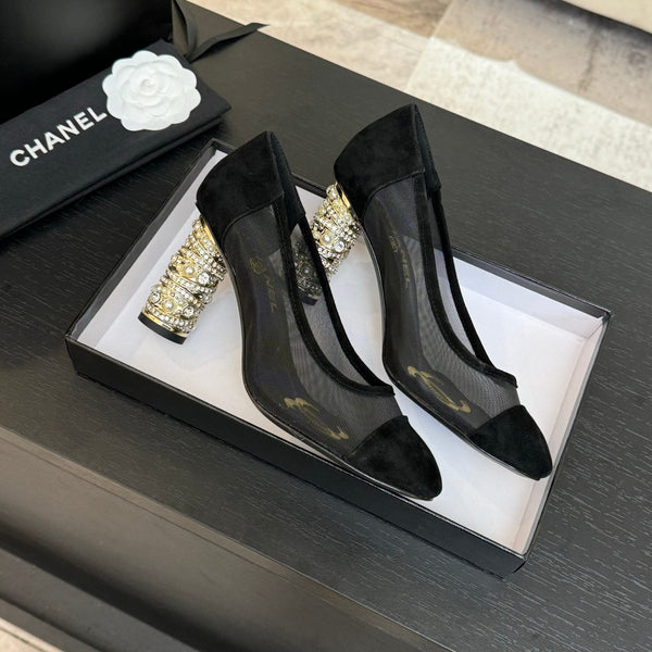 SANDALI CON TACCO ALTO 85 MM IN CAMOSCIO NERO E RETE