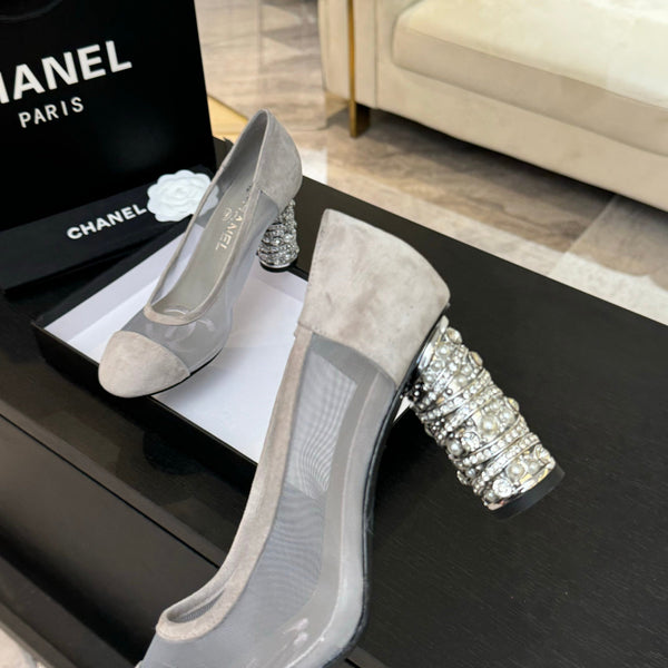 SANDALI CON TACCO ALTO 85 MM IN CAMOSCIO E RETE GRIGIO CHIARO