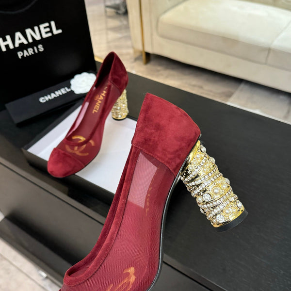 SANDALI CON TACCO ALTO 85 MM IN CAMOSCIO E RETE ROSSO CILIEGIA