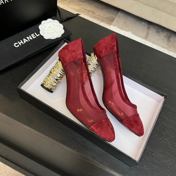 SANDALI CON TACCO ALTO 85 MM IN CAMOSCIO E RETE ROSSO CILIEGIA