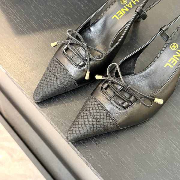 HIGH HEEL SLINGBACKS 65 MM IN BLACK WITH SNAKESKIN PATTERN LAMBSKIN