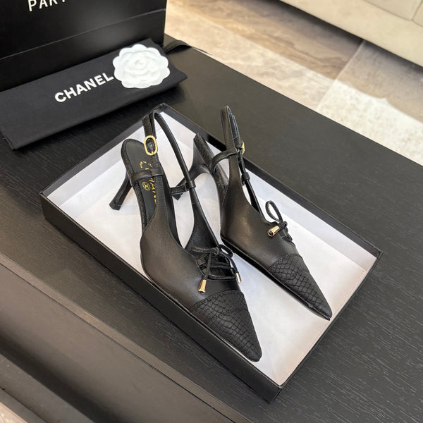 HIGH HEEL SLINGBACKS 65 MM IN BLACK WITH SNAKESKIN PATTERN LAMBSKIN