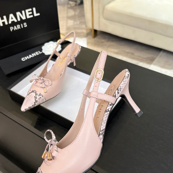 HIGH HEEL SLINGBACKS 65 MM IN BABY PINK WITH SNAKESKIN PATTERN LAMBSKIN