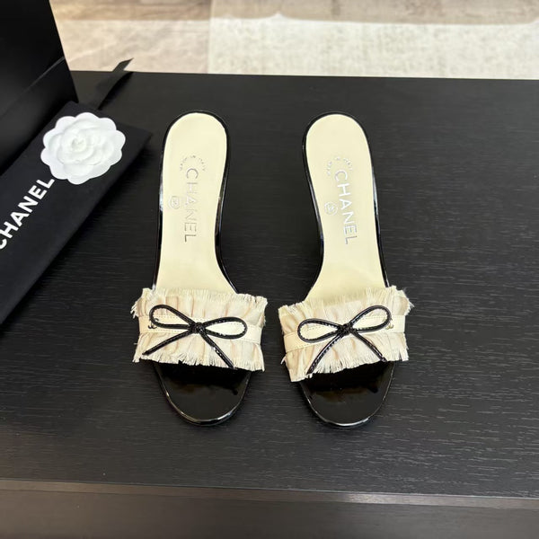 CC 25 Camellia Sandals Beige Black Silk Satin Lambskin 251720