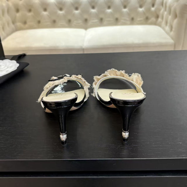 CC 25 Camellia Sandals Beige Black Silk Satin Lambskin 251720