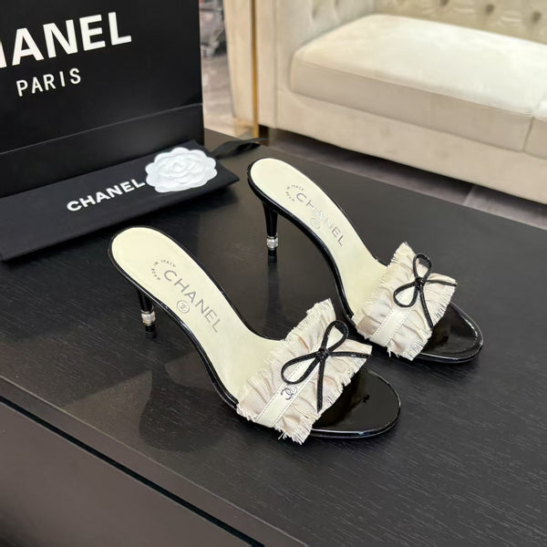 CC 25 Camellia Sandals Beige Black Silk Satin Lambskin 251720