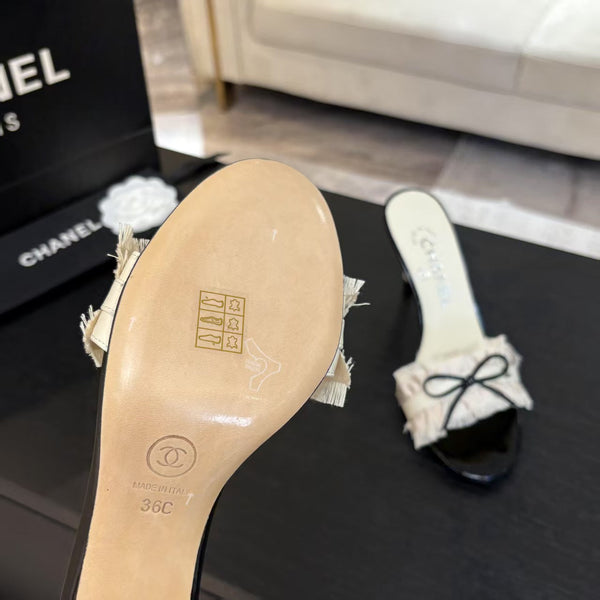 CC 25 Camellia Sandals Beige Black Silk Satin Lambskin 251720