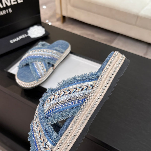 CC 25C Thick-Soled Slipper In Black Denim Steel Blue Fabric 213232