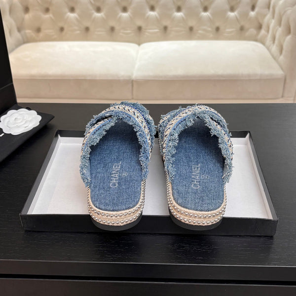 CC 25C Thick-Soled Slipper In Black Denim Steel Blue Fabric 213232