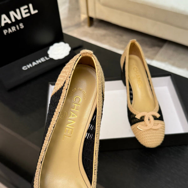 CC 25P Tacco da ballerina 50mm Nero Beige Rafia Grande Logo