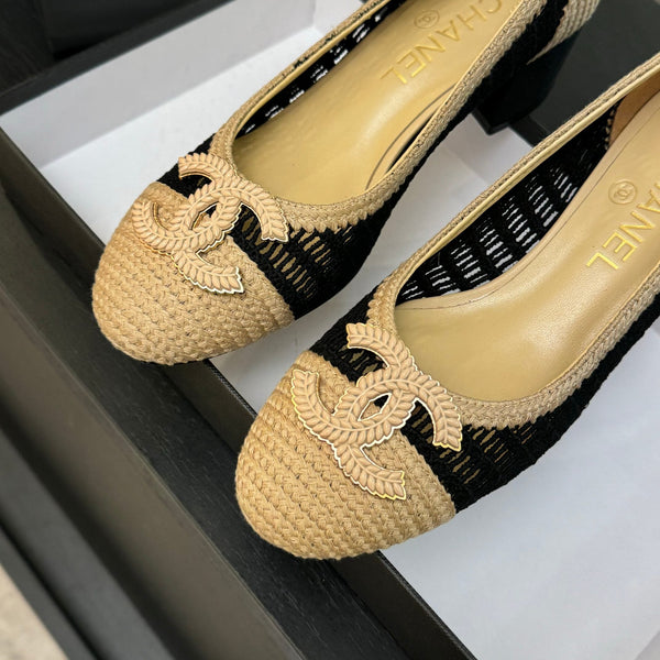 CC 25P Tacco da ballerina 50mm Nero Beige Rafia Grande Logo