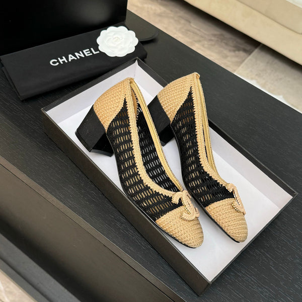 CC 25P Tacco da ballerina 50mm Nero Beige Rafia Grande Logo