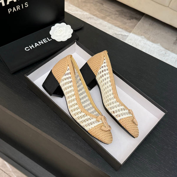 CC 25P Tacco da ballerina 50mm Rafia beige bianca Logo grande