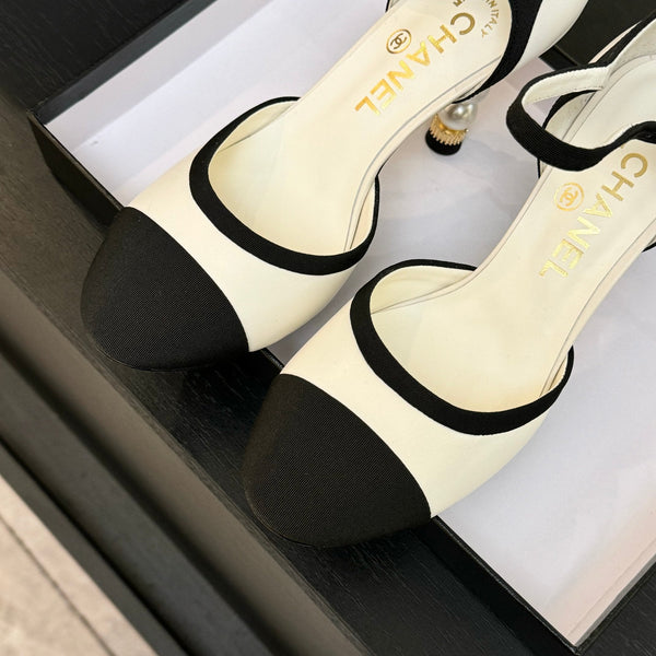 CC 25S Slingback 85mm Pelle di vitello bianca Grosgrain nero