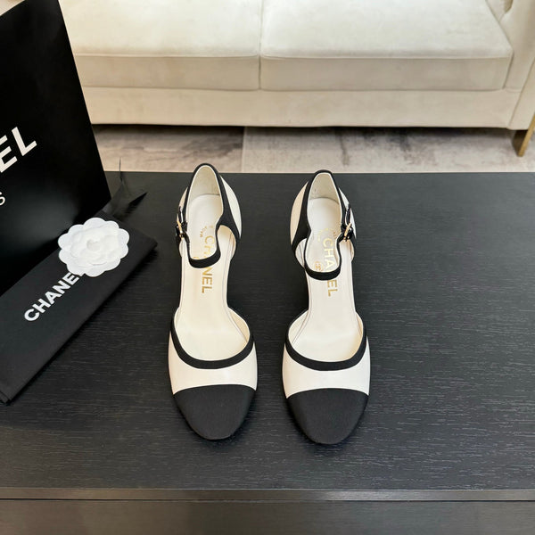 CC 25S Slingback 85mm Pelle di vitello bianca Grosgrain nero