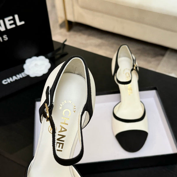 CC 25S Slingback 85mm Pelle di vitello bianca Grosgrain nero