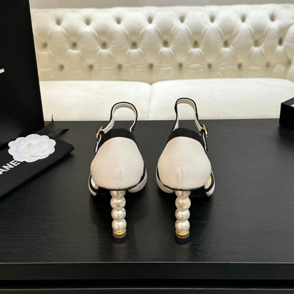 CC 25S Slingback 85mm Pelle di vitello bianca Grosgrain nero