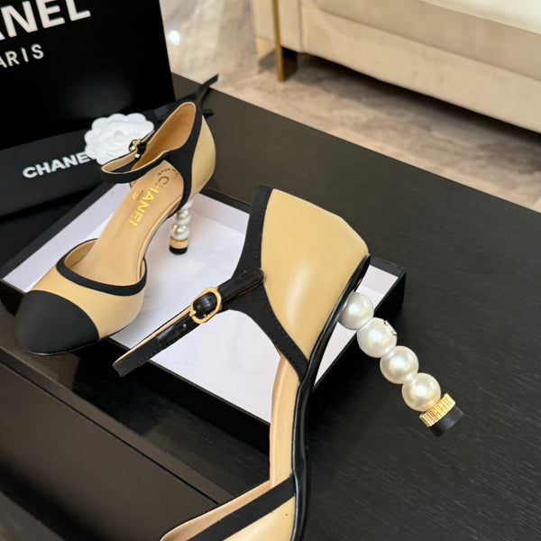 CC 25S Slingback 85mm Pelle di vitello beige Grosgrain nero