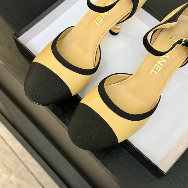 CC 25S Slingback 85mm Pelle di vitello beige Grosgrain nero