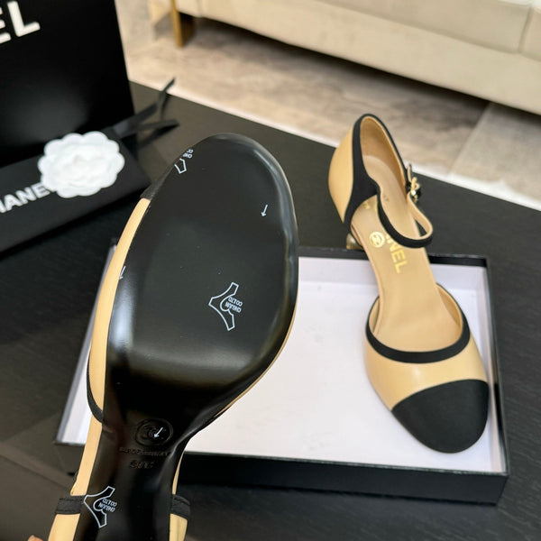 CC 25S Slingback 85mm Pelle di vitello beige Grosgrain nero