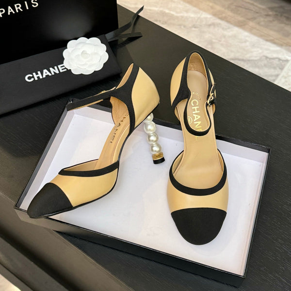 CC 25S Slingback 85mm Pelle di vitello beige Grosgrain nero