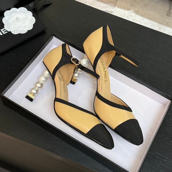 CC 25S Slingback 85mm Pelle di vitello beige Grosgrain nero