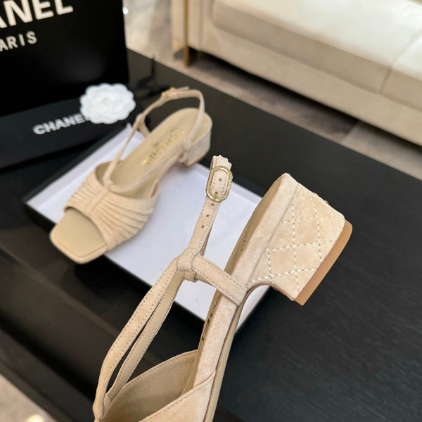 CC 25S Sandal Heel 50mm Beige Suede Kidskin