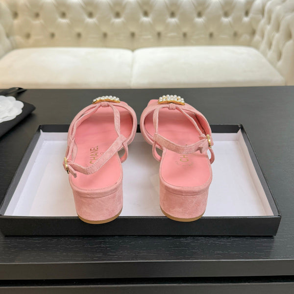 CC 25S Sandal Heel 50mm Pink Suede Kidskin Pearl Logo
