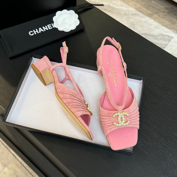 CC 25S Sandal Heel 50mm Pink Suede Kidskin Pearl Logo