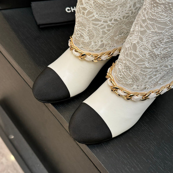 CC 25B High Boots White Lace With Chain Black Grosgrain 373805