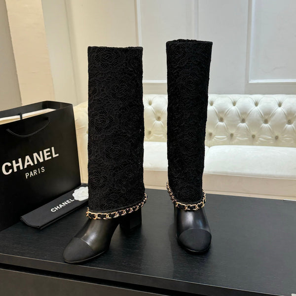 CC 25B High Boots Black Lace With Chain And Grosgrain 373806