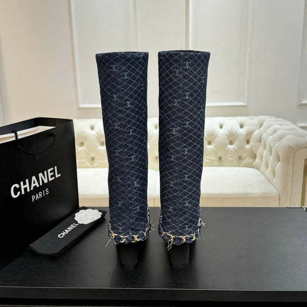 CC 25B High Boots Navy Blue Denim With Chain Black Grosgrain 373807