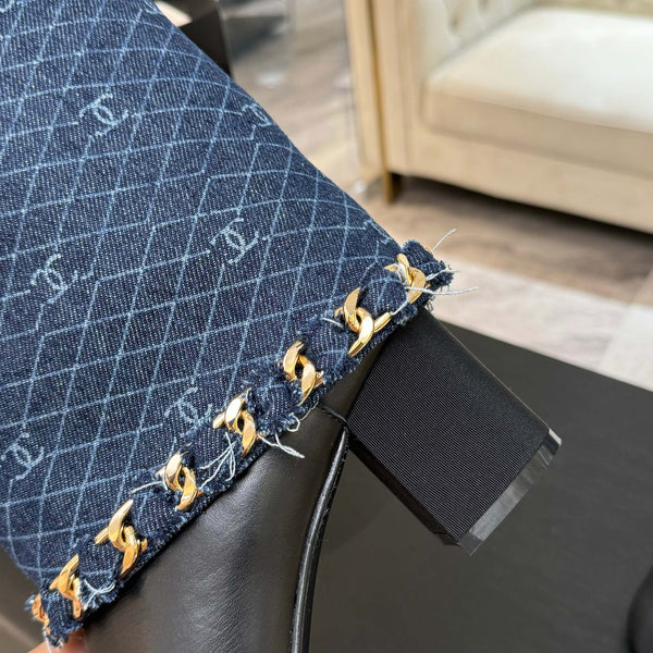 CC 25B High Boots Navy Blue Denim With Chain Black Grosgrain 373807