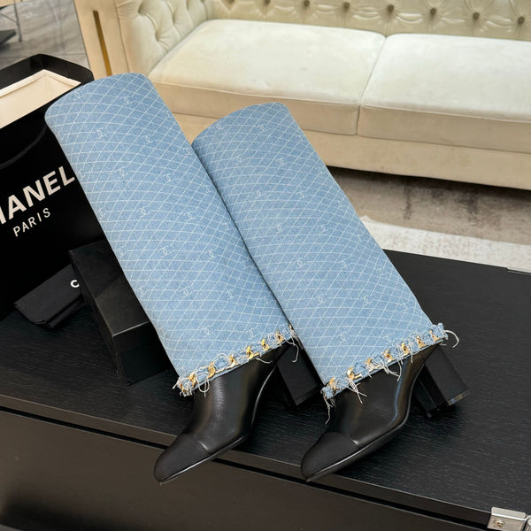 CC 25B High Boots Light Blue Denim With Chain Black Grosgrain 373808