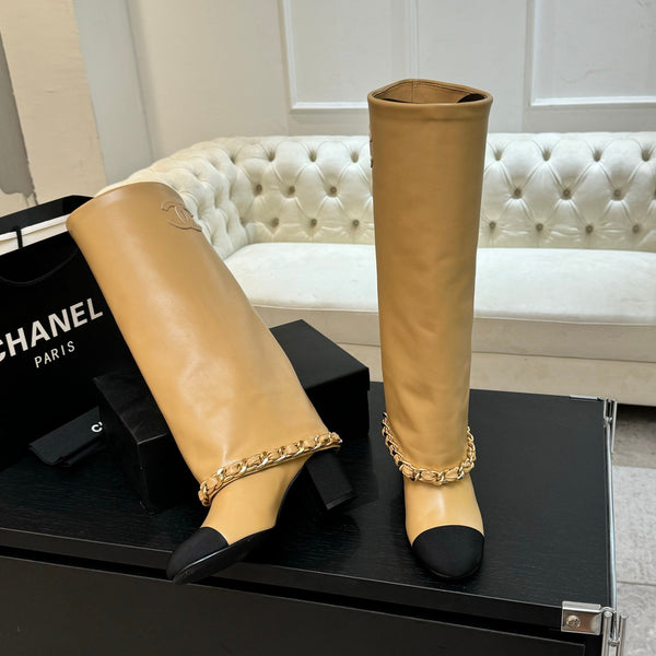 CC 25B High Boots Beige Sheepskin With Chain Black Grosgrain 373809