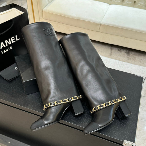 CC 25B High Boots Black Sheepskin With Chain Black Grosgrain 373810